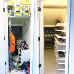 an open closet with shoes and other items