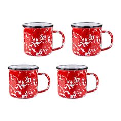 four red coffee mugs sitting next to each other