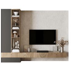 a flat screen tv sitting on top of a wooden shelf next to a vase filled with flowers