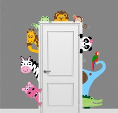 the door is open and there are many cartoon animals on it