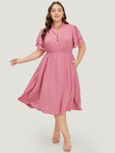 Solid Pocket Stand Collar Flutter Layered Pleated Dress Love Free, Plus Size Clothing For Women, Womens Clothing Sizes, Clothing For Women, Pleated Dress, Plus Size Clothing, Body Measurements, Shoulder Sleeve, Season Summer