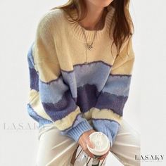 Lasaky - Relaxed Oversized Sweater Coat with Vintage Contrasting Color Design and Striped Knit Sweater Feel Skandinavian Fashion, Oversized Knit Cardigan, Cardigan Vintage, Cozy Knit, Mode Inspo, Loose Sweater, 가을 패션, Striped Sweater, Outfit Casual