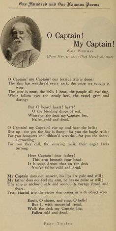 an old book page with the caption'o captain my captain'in it