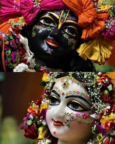 two masks with different colors and designs on their faces, one is wearing a headdress