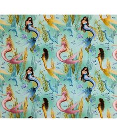 a blue and pink mermaid print fabric