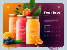 three jars filled with fresh juice next to oranges and blueberries on a purple background