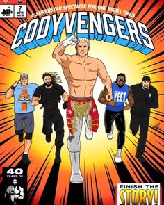 the cover to an animated comic book featuring two men and one man in wrestling gear