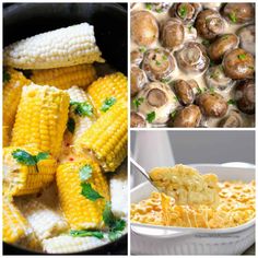 corn on the cob and mushrooms are being cooked