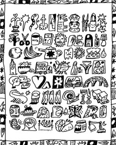 a black and white drawing of many different things