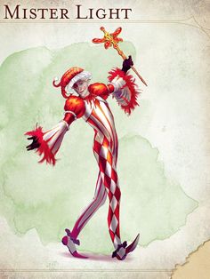 a clown dressed in red and white is holding a broom with his arms out to the side