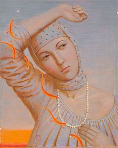 an oil painting of a woman with pearls on her head and hands behind her head