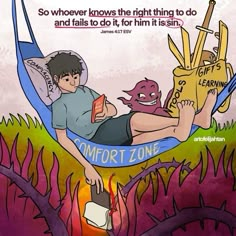 a man laying in a hammock reading a book with an evil demon next to him