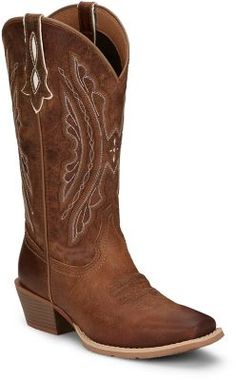 a pair of cowboy boots with brown leather and white stitching on the soles