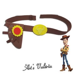 a belt with a cowboy design and a yellow flower on the front, attached to it