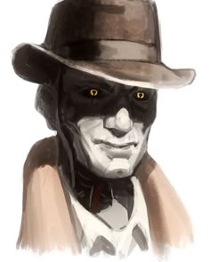 a drawing of a man wearing a hat with yellow eyes