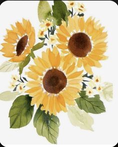 watercolor painting of sunflowers with green leaves