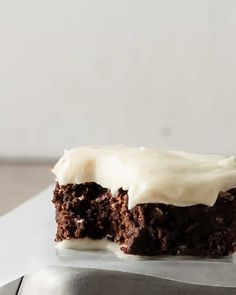 a piece of chocolate cake with white frosting