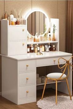 a white vanity with mirror and stool in a room