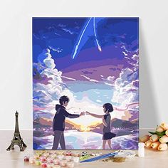 two people holding hands in front of an image of the sky with clouds and stars