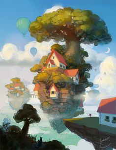 a painting of a house on top of a tree