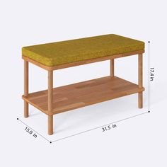 a wooden bench with a yellow cushion on it's top and measurements for the seat