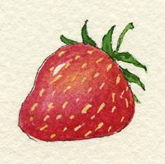 a drawing of a red strawberry with green leaves on it's tip and bottom