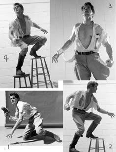 black and white photos of men in different poses on stools, one with his arms outstretched