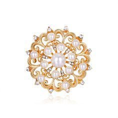 Decorate your ensemble with personality-flaunting flair when you attach this floral brooch boasting sparkling cubic zirconia, pearl and 18k gold-plated metal. 1.3" diameter 18k gold-plated copper / cubic zirconia / pearl Gold Pearl Brooch Jewelry, Gold Pearl Brooches For Party, Gold Round Brooches For Wedding, Gold Wedding Brooch, Formal Gold Pearl Brooches, Gold Pearl Brooches For Wedding, Gold Round Wedding Pins, Gold Wedding Pins, Brooch Diamond