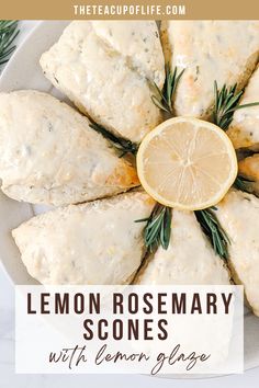 lemon rosemary scones with lemon glaze on a white plate and text overlay that reads, lemon rosemary scones with lemon glaze