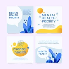 four different mental health banners with blue and yellow flowers on the front, one for mental health