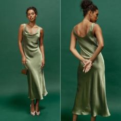 two pictures of a woman in a green dress with her hand on her hip and the other side of her body