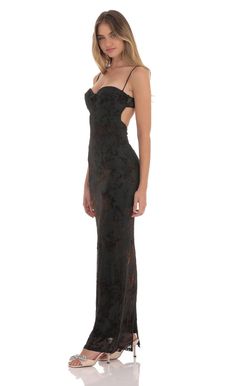 Mesh Brown Velvet Floral Maxi Dress in Black | LUCY IN THE SKY