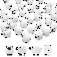 a bunch of white sheep standing next to each other on top of a floor covered in black and white stuff