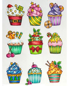 a drawing of cupcakes with different toppings and decorations on them, all drawn in colored pencil