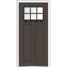 the front door is painted brown and has two sidelights on each side, with one window