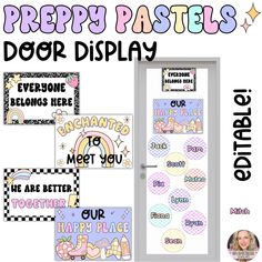 the door display is decorated with pastel colors and text that says, happy pastels