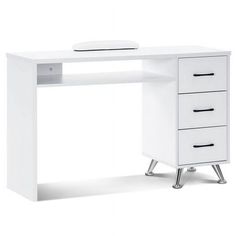 a white desk with three drawers on it