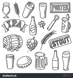 hand drawn doodle beer related items and drinks set - stock photo, isolated on white background