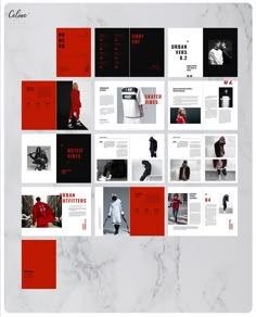 an image of a magazine spread with red and black images on the front, in white marble