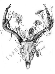 a drawing of a deer skull with flowers on it's antelope head