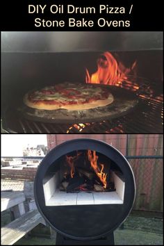 the pizza is being cooked in an outdoor oven, and it's still on fire