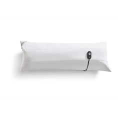 a white pillow with an electric outlet on it's side and a black cord attached to the pillow