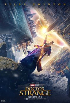 the poster for doctor strange is shown in front of a cityscape with skyscrapers