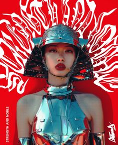 a woman with a helmet on her head and an artistic background behind her is red