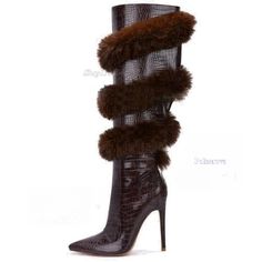 Furry Crocodile Leather Boots for Women Sexy Spinning Hairy Boots Zipper Pointed Toe Fine Heel Knee High Boots White, High Boots White, High Heel Boots Knee, Stylish Boots, Stone Pattern