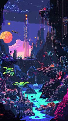 an image of a futuristic city at night with neon lights and planets in the sky