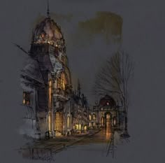 a drawing of a building with a clock tower at night