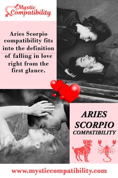 an advertisement for aries scorpio compability with two people kissing