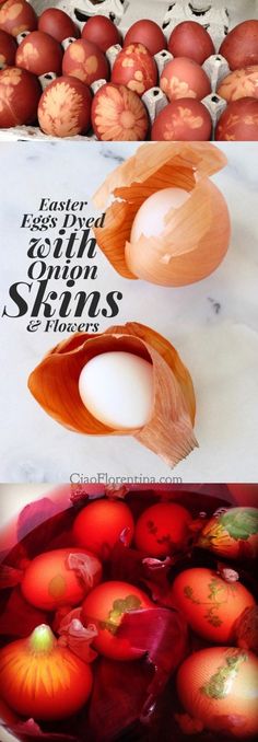 there are different types of onions in the bowl and on the table, each one has an egg shell