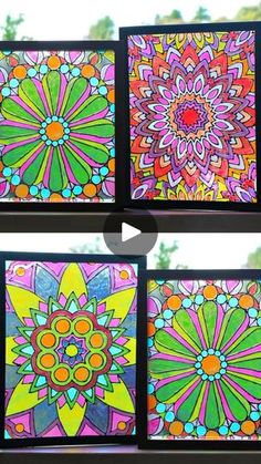 four stained glass panels with different designs on them, one is colorful and the other is bright